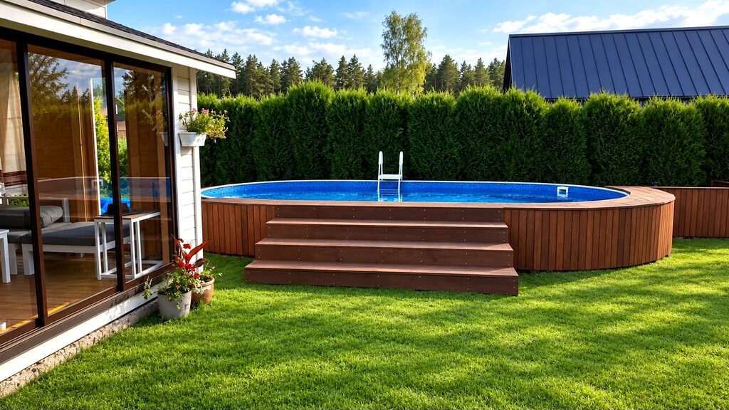 A circular above-ground pool surrounded by a wooden deck in a green backyard.