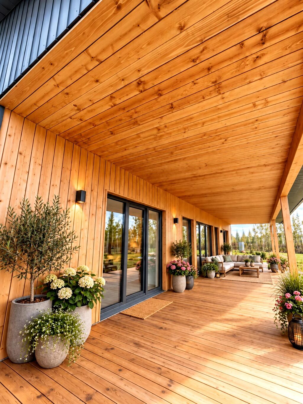A modern wooden terrace with potted plants and seating area.