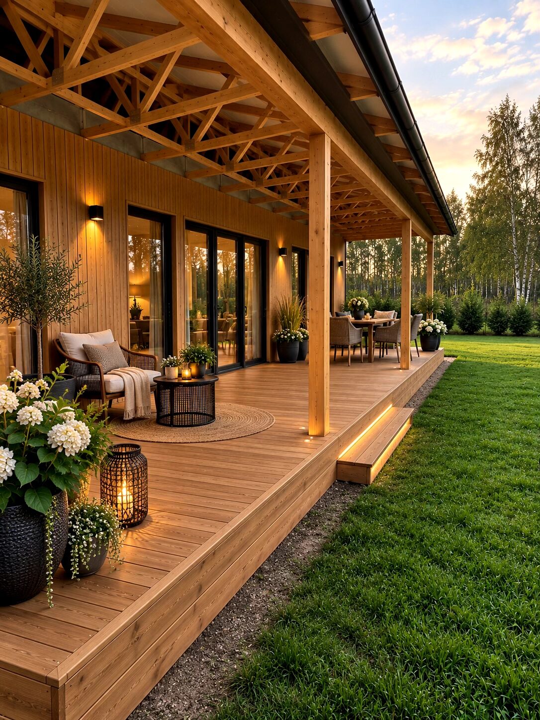 A beautifully designed wooden terrace with seating and plants, surrounded by greenery.
