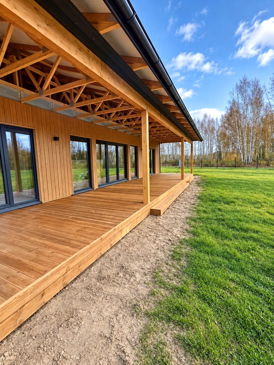 A wooden terrace with a spacious deck and large windows under a blue sky.