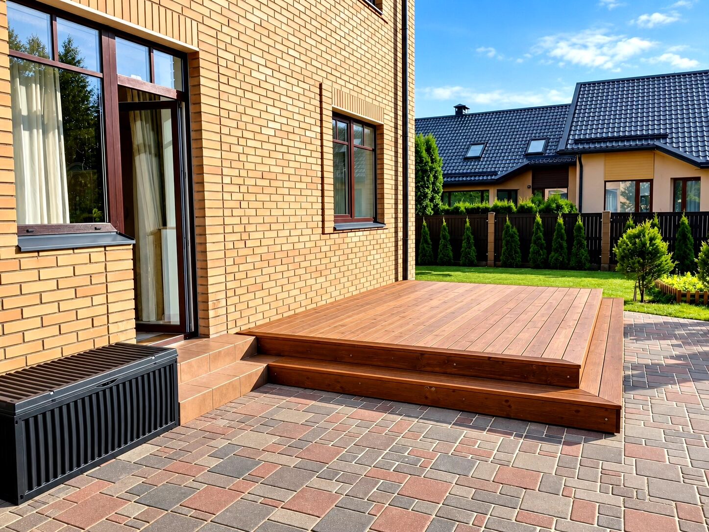 A wooden terrace with steps leading to a house, surrounded by a garden and brick pathway.