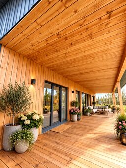 A modern wooden terrace with potted plants and seating area.