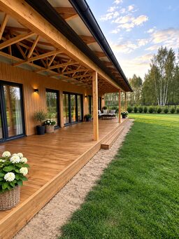 A wooden terrace with a spacious design, surrounded by greenery and flowers.
