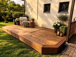 A wooden terrace with seating, plants, and decorative elements in a garden setting.