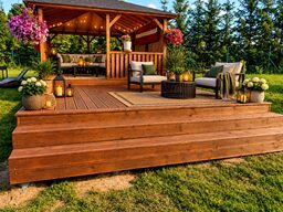 A beautifully arranged wooden terrace with seating, plants, and decorative lanterns.
