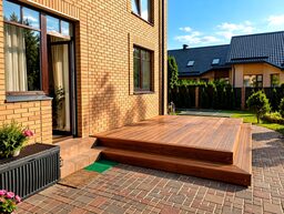 A wooden terrace with steps leading to a house, surrounded by greenery and a brick pathway.