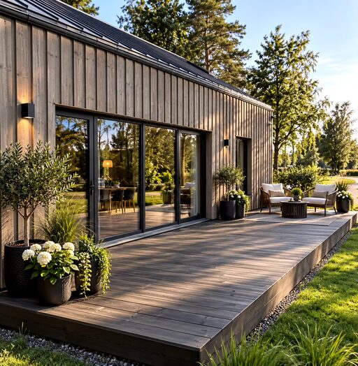 A wooden terrace with seating and potted plants beside a modern house.