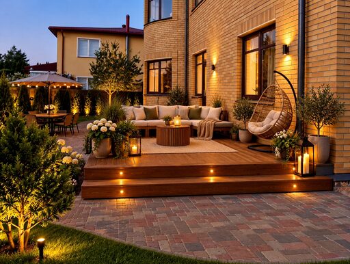 A beautifully lit outdoor terrace featuring a seating area, plants, and decorative lighting.